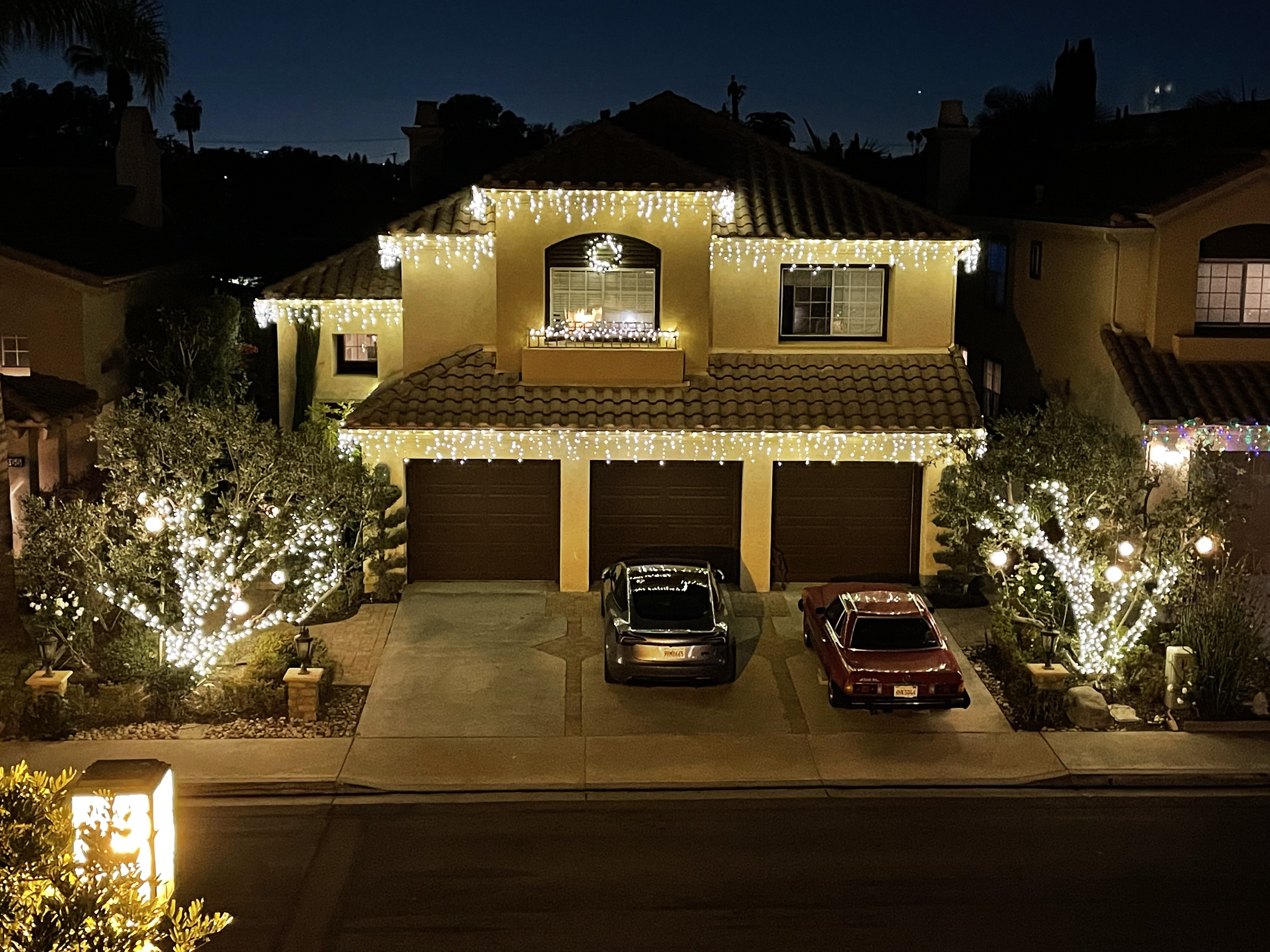 Roofline and trees decorated with warm white Christmas lights