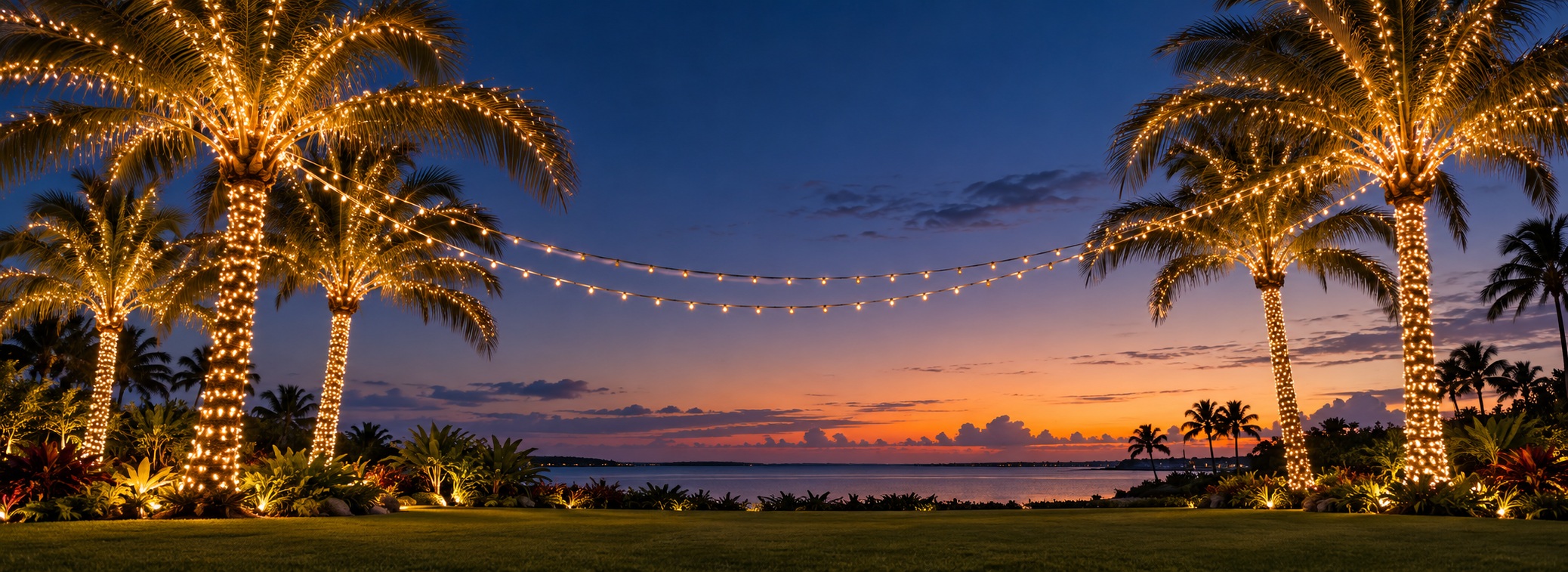 Palm trees wrapped in warm holiday lights at sunset